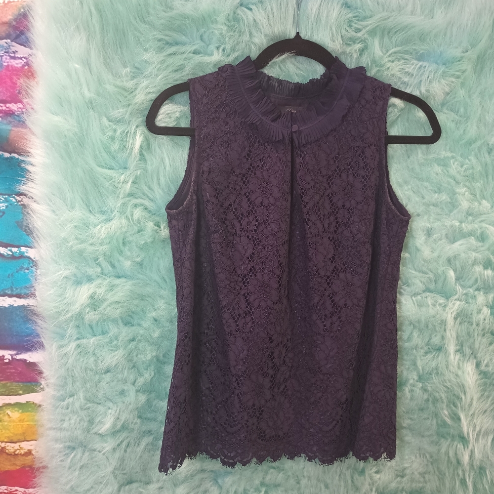 J Crew Dark Blue Sleeveless V-Neck Lace Top Size XS